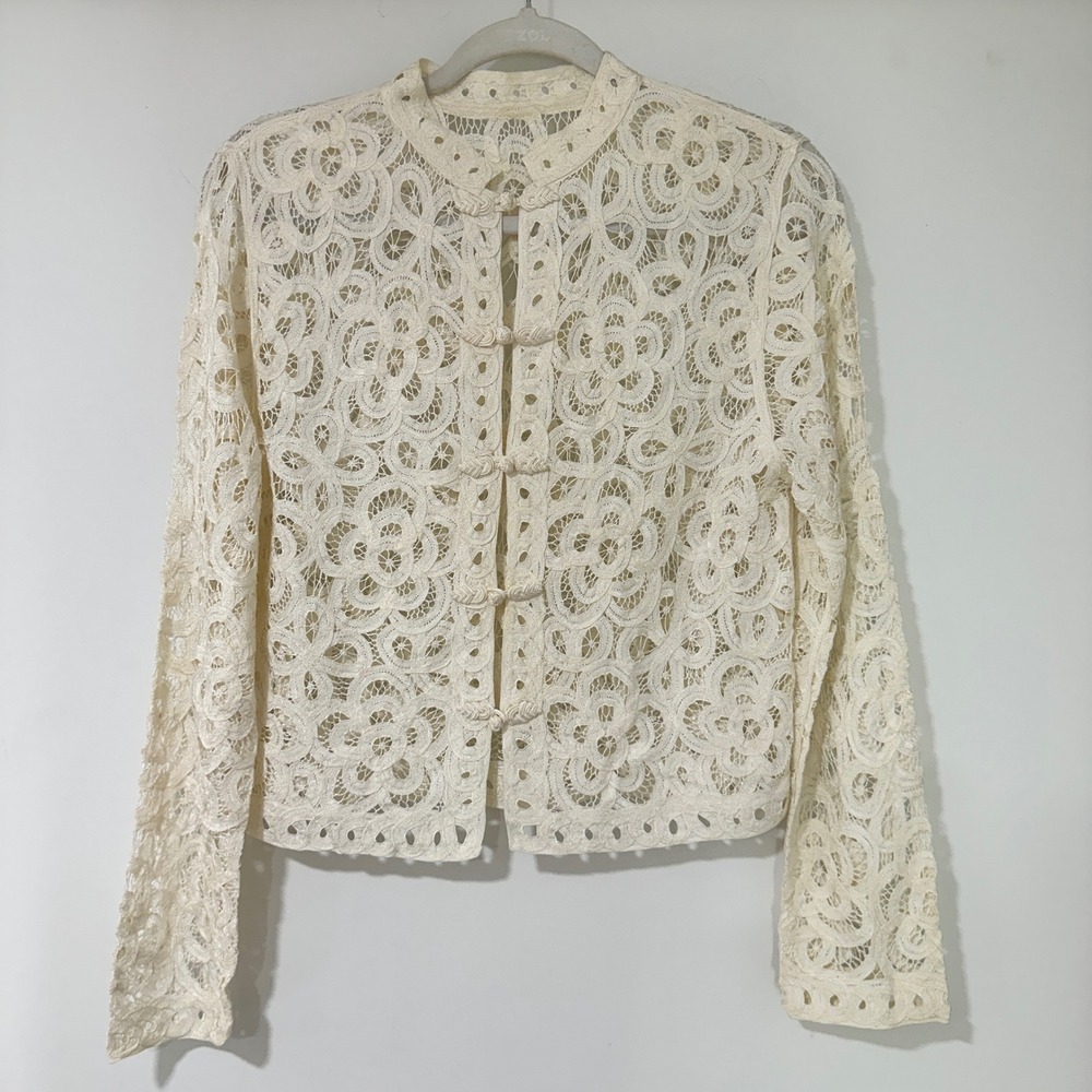 Vintage Ivory Floral Lace Top Women Petite S Frog Closure Long Sleeve Sheer